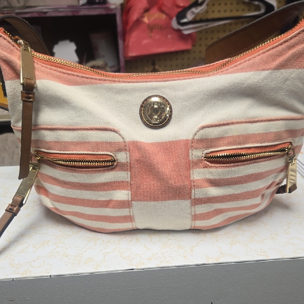 Tommy Hilfiger Coral and White Striped Hobo Bag